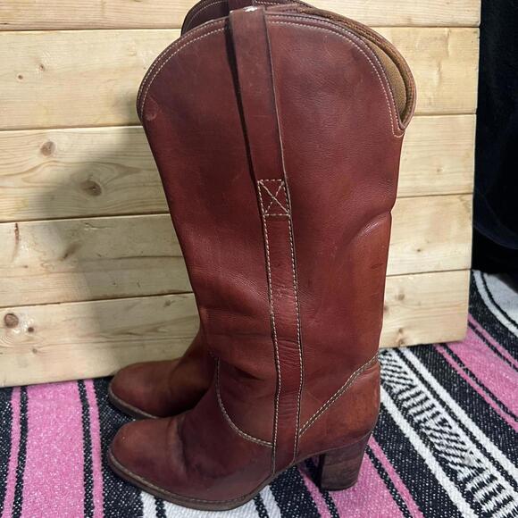 Vintage Made in Italy Genuine Leather Cognac Stacked Cowgirl Boots Womens 7.5 - Picture 4 of 8